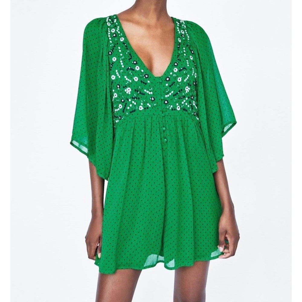 Zara Green Swiss Dot Floral Embroidered Romper Butterfly Sleeve V-Neck Mini